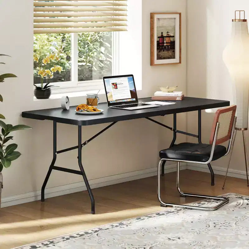 Table Pliante de 6' en Plastique Portable pour Intérieur/Extérieur, Pique-Nique, Fêtes, Camping, Dîner – Blanche/Noire