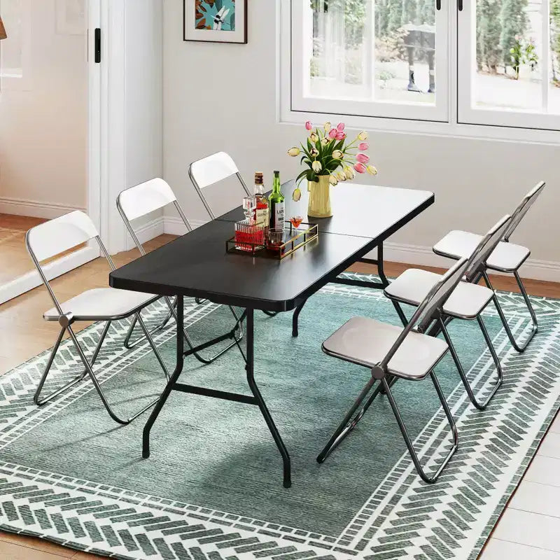 Table Pliante de 6' en Plastique Portable pour Intérieur/Extérieur, Pique-Nique, Fêtes, Camping, Dîner – Blanche/Noire