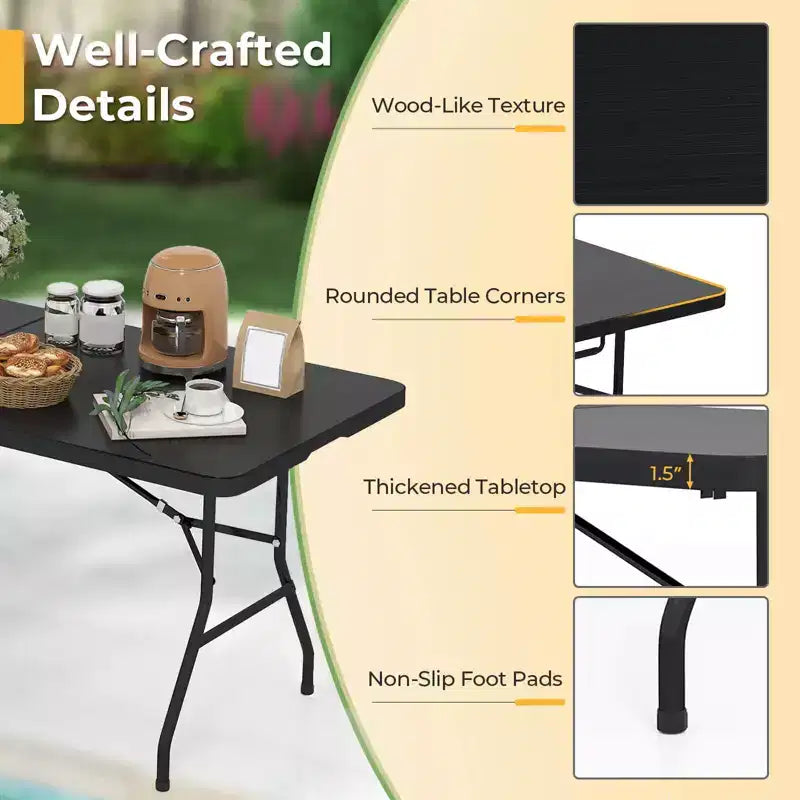 Table Pliante de 6' en Plastique Portable pour Intérieur/Extérieur, Pique-Nique, Fêtes, Camping, Dîner – Blanche/Noire