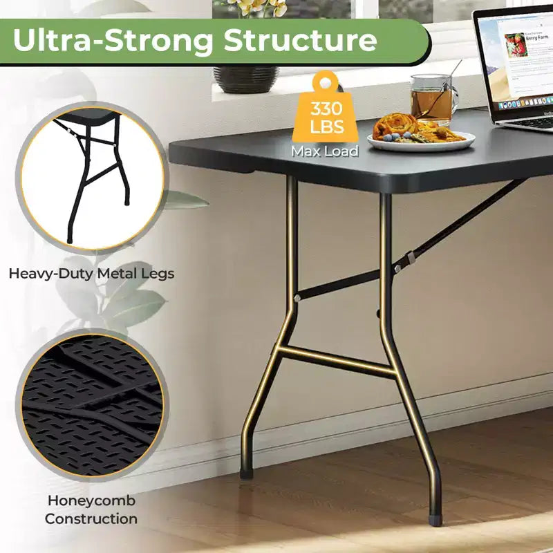 Table Pliante de 6' en Plastique Portable pour Intérieur/Extérieur, Pique-Nique, Fêtes, Camping, Dîner – Blanche/Noire