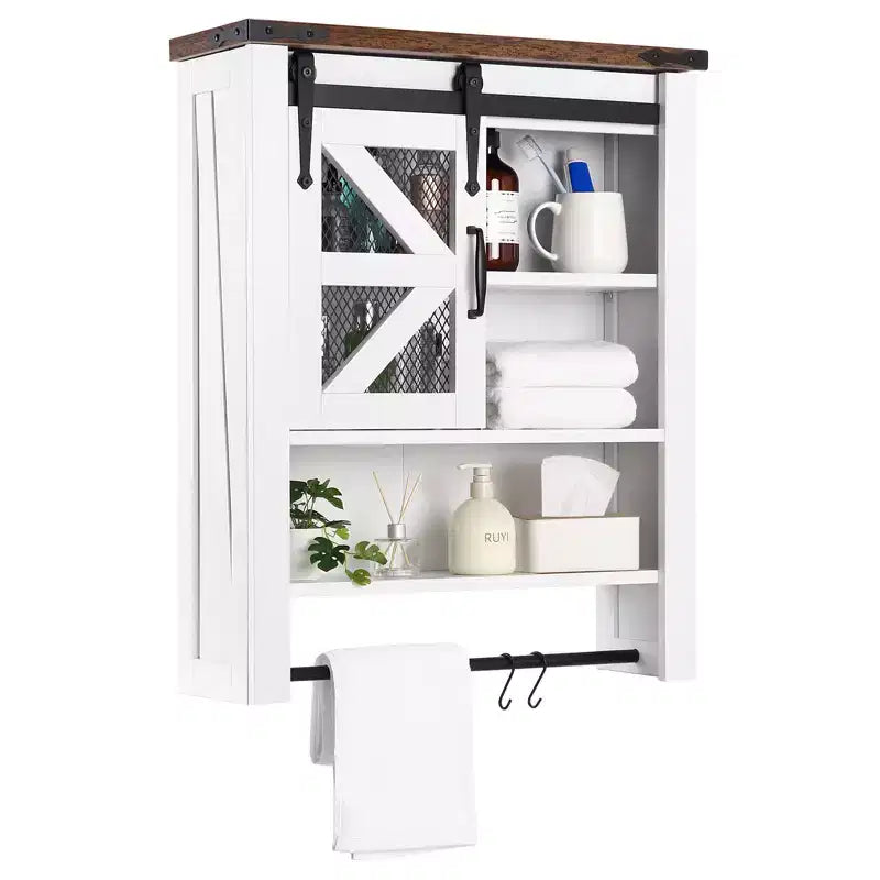 Bathroom Organizer Cabinet, Over The Toilet with Towel Bar & Hooks, 3-Tier Sliding Barn Door Wall Mounted Storage