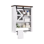 Meuble de rangement pour salle de bain, au-dessus des toilettes avec barre porte-serviettes et crochets, rangement mural à 3 niveaux avec porte coulissante de style grange