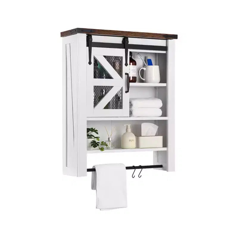 Meuble de rangement pour salle de bain, au-dessus des toilettes avec barre porte-serviettes et crochets, rangement mural à 3 niveaux avec porte coulissante de style grange