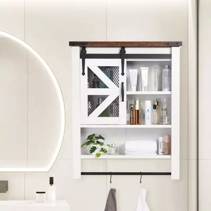Meuble de rangement pour salle de bain, au-dessus des toilettes avec barre porte-serviettes et crochets, rangement mural à 3 niveaux avec porte coulissante de style grange