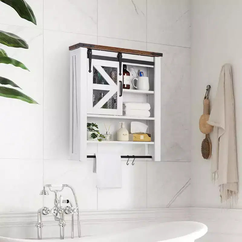 Meuble de rangement pour salle de bain, au-dessus des toilettes avec barre porte-serviettes et crochets, rangement mural à 3 niveaux avec porte coulissante de style grange