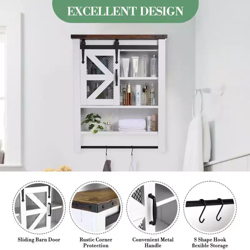 Meuble de rangement pour salle de bain, au-dessus des toilettes avec barre porte-serviettes et crochets, rangement mural à 3 niveaux avec porte coulissante de style grange