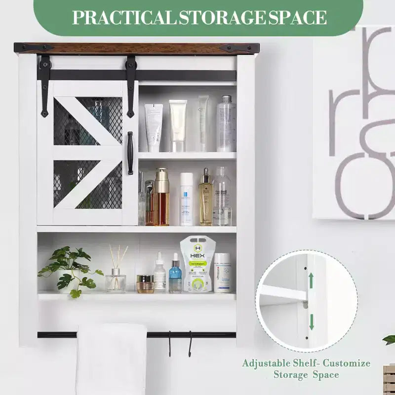 Meuble de rangement pour salle de bain, au-dessus des toilettes avec barre porte-serviettes et crochets, rangement mural à 3 niveaux avec porte coulissante de style grange