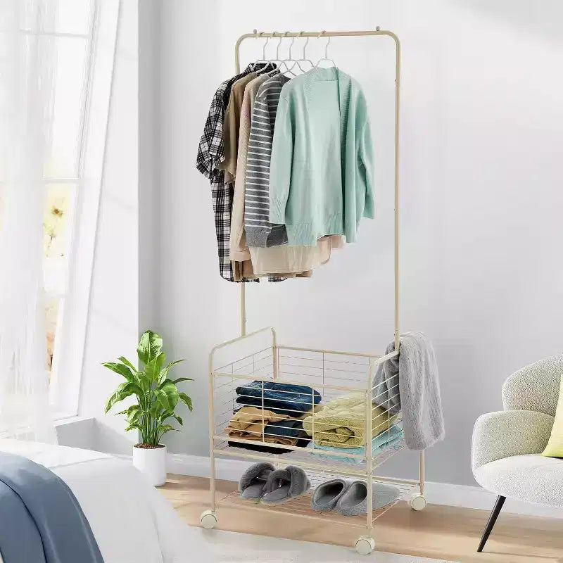 67.72in Tall Laundry Cart with Clothes Rack, Rectangular Rolling Laundry Hamper Basket Butler Cart with Wheels for Bedroom, Apricot
