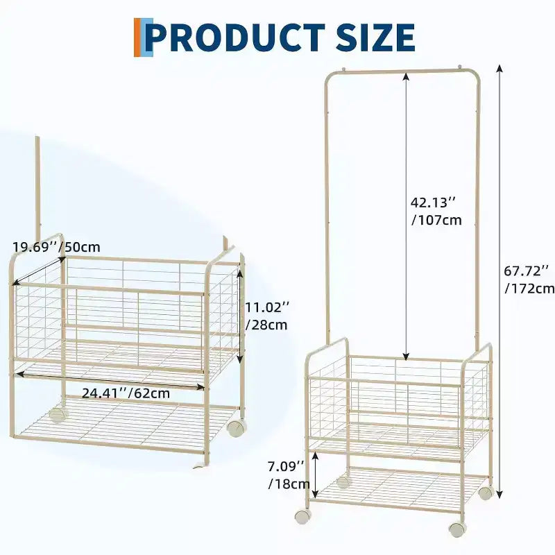 Panier à linge de 172 cm de haut avec porte-vêtements, chariot de service rectangulaire à roulettes pour chambre, abricot