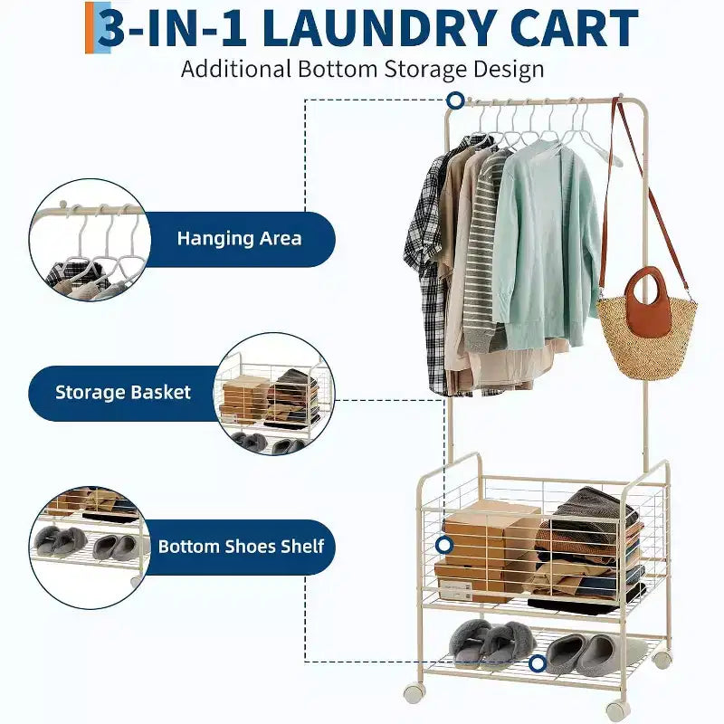 Panier à linge de 172 cm de haut avec porte-vêtements, chariot de service rectangulaire à roulettes pour chambre, abricot
