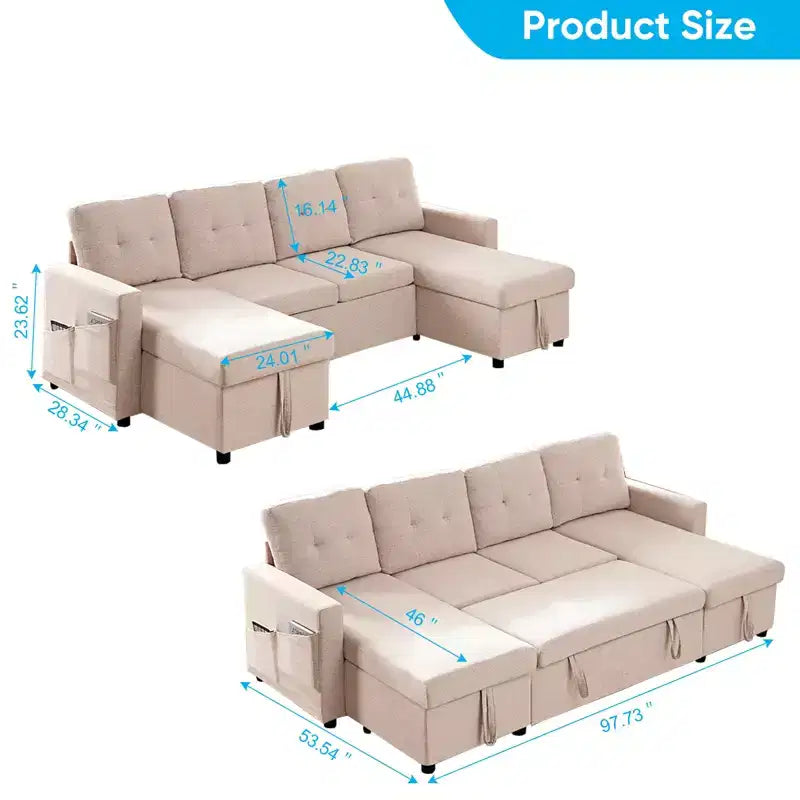 Canapé-lit modulaire 4 places avec rangement et méridienne, canapé en U avec lit gigogne