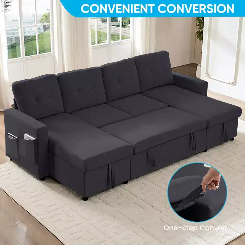 Canapé-lit modulaire 4 places avec rangement et méridienne, canapé en U avec lit gigogne