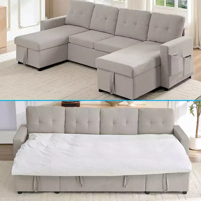 Canapé-lit modulaire 4 places avec rangement et méridienne, canapé en U avec lit gigogne