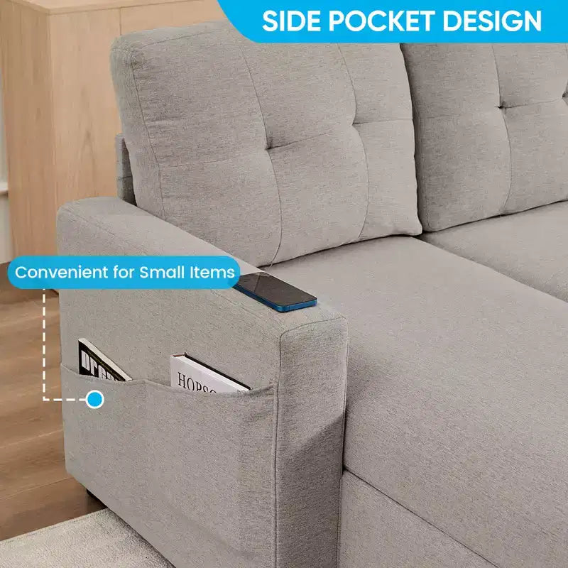 Canapé-lit modulaire 4 places avec rangement et méridienne, canapé en U avec lit gigogne