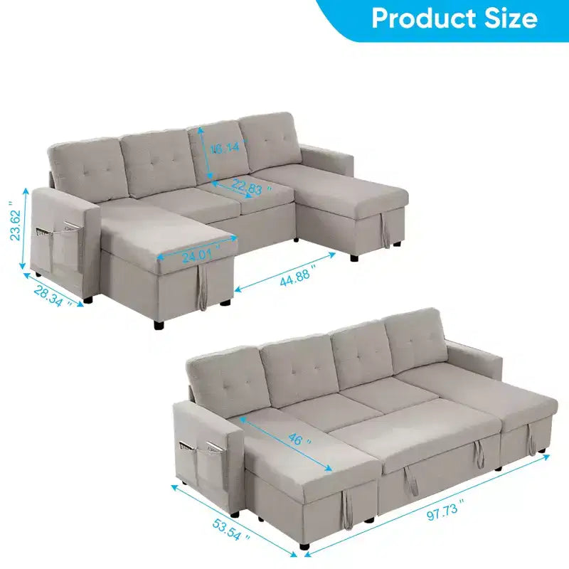 Canapé-lit modulaire 4 places avec rangement et méridienne, canapé en U avec lit gigogne
