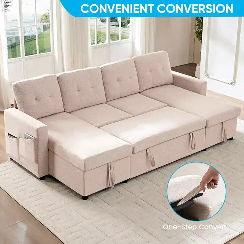 Canapé-lit modulaire 4 places avec rangement et méridienne, canapé en U avec lit gigogne