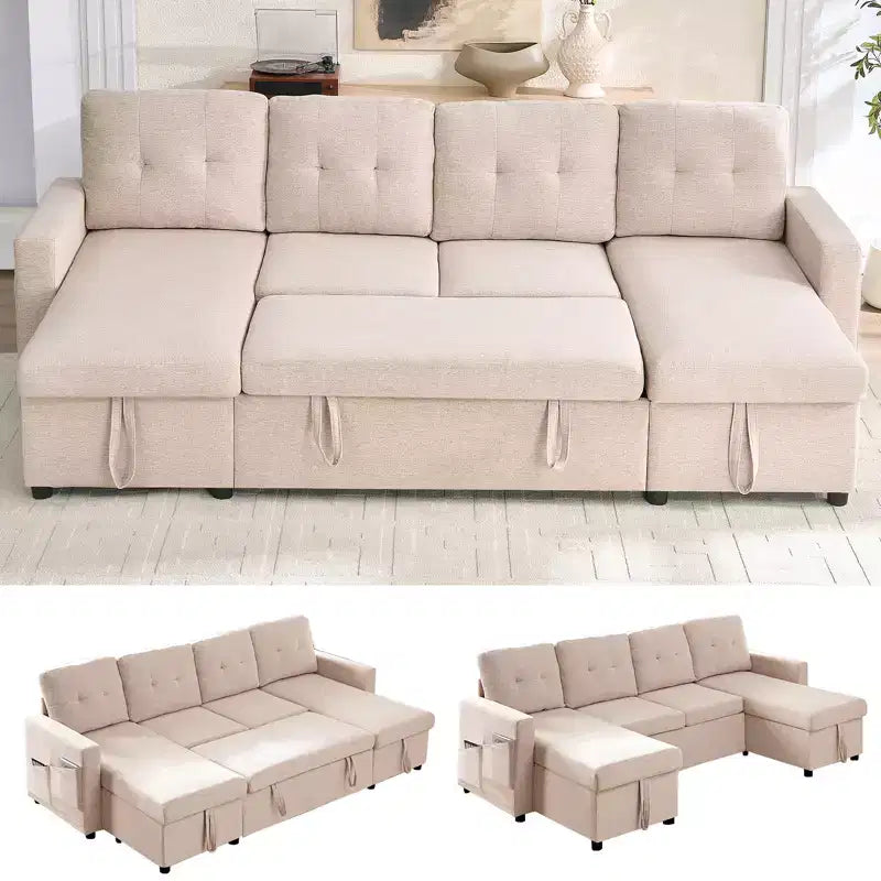 Mjkone W98 4-Seater Modular Sleeper Sofa Bed with Storage Chaise,U-shaped Sofa with Pull-out Bed