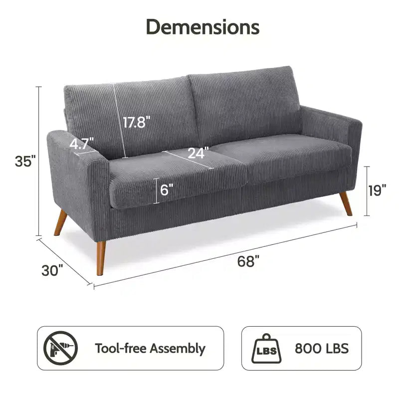 68 Canapé 2 places confortable, Canapés 2 places modernes pour salon/chambre à coucher, Canapé confortable avec coussin à ressorts, Bois massif, Assemblage sans outils