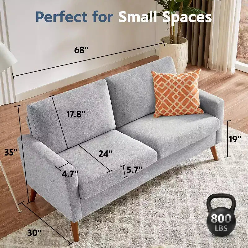 68 Canapé 2 places confortable, Canapés 2 places modernes pour salon/chambre à coucher, Canapé confortable avec coussin à ressorts, Bois massif, Assemblage sans outils