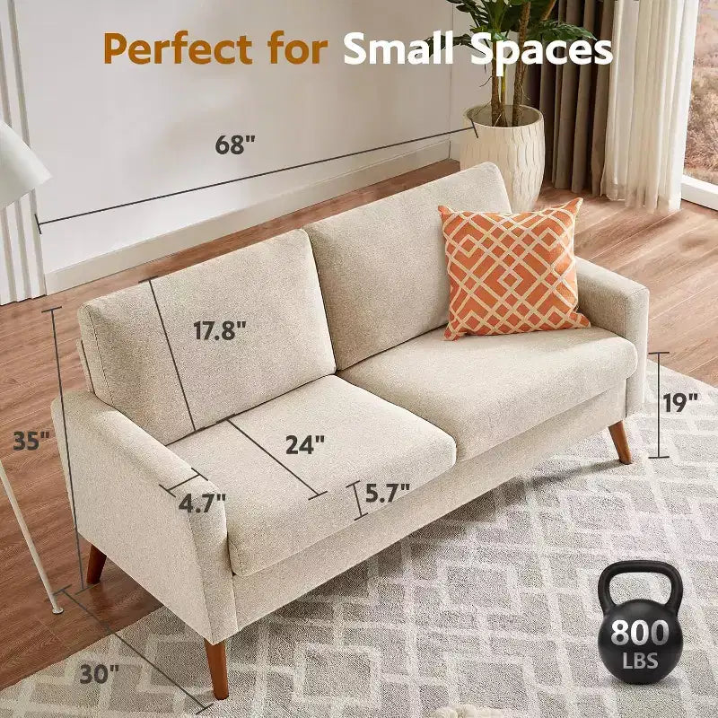 68 Canapé 2 places confortable, Canapés 2 places modernes pour salon/chambre à coucher, Canapé confortable avec coussin à ressorts, Bois massif, Assemblage sans outils