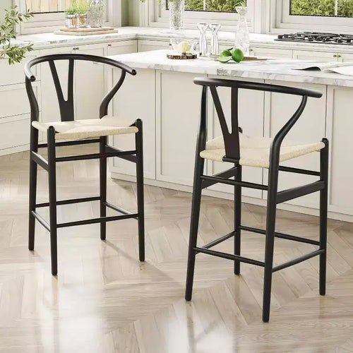 1 Piece Fully Assembled Wishbone Barstool Dining Chair Weave Counter Height Bar Stool for Kitchen Island Beige