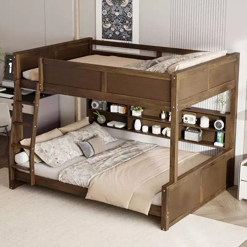 Lit superposé avec étagères de rangement, cadre en bois massif avec armoires et ports USB pour chambre à coucher