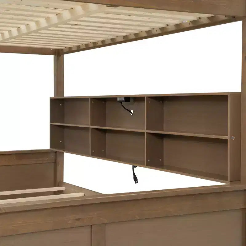 Lit superposé avec étagères de rangement, cadre en bois massif avec armoires et ports USB pour chambre à coucher