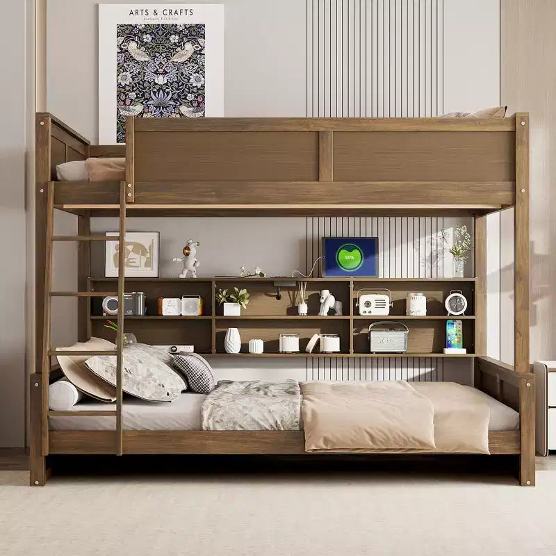 Lit superposé avec étagères de rangement, cadre en bois massif avec armoires et ports USB pour chambre à coucher