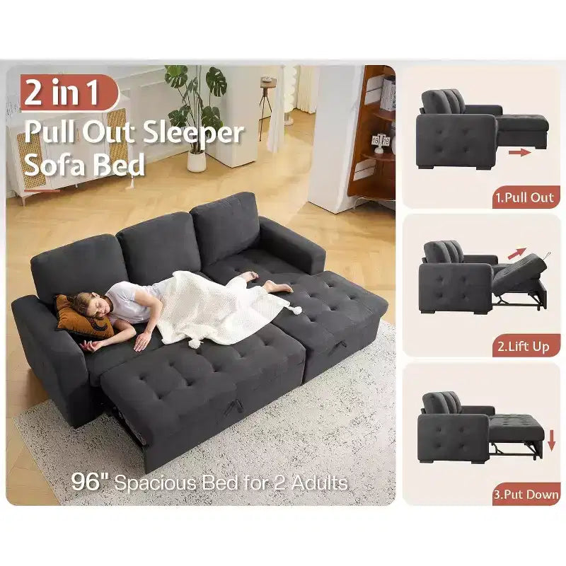 Canapé convertible 96 avec méridienne de rangement, lit escamotable pour salon