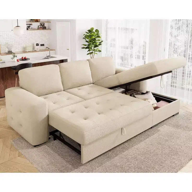 AMERLIFE 96 Sofa Bed with Storage Chaise  Convertible Pull-Out Sleeper Couch for Living Room