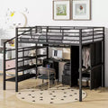 Full Size Loft Bed with Desk, Industrial Metal Loft Bed with Wardrobe and Cabinet and Stairs for Small Space, Black