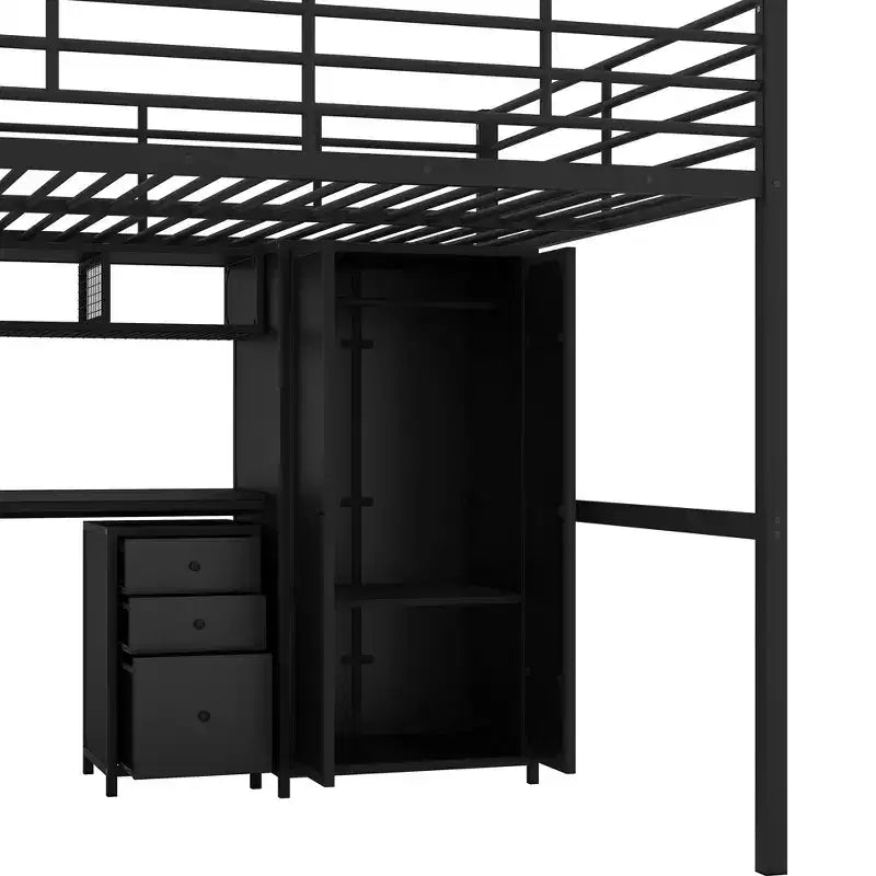 Lit mezzanine pleine grandeur avec bureau, lit mezzanine industriel en métal avec armoire et placard et escalier pour petit espace, noir