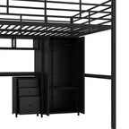 Lit mezzanine pleine grandeur avec bureau, lit mezzanine industriel en métal avec armoire et placard et escalier pour petit espace, noir