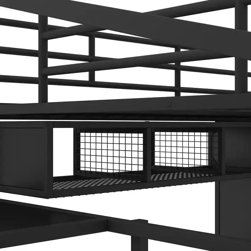 Lit mezzanine pleine grandeur avec bureau, lit mezzanine industriel en métal avec armoire et placard et escalier pour petit espace, noir