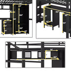 Lit mezzanine pleine grandeur avec bureau, lit mezzanine industriel en métal avec armoire et placard et escalier pour petit espace, noir