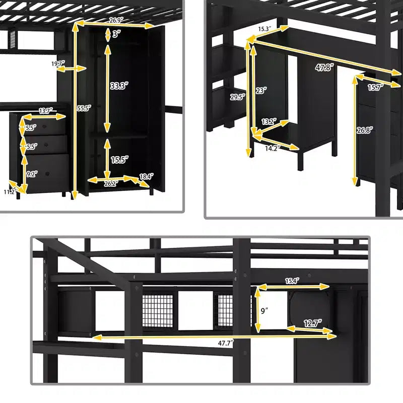 Lit mezzanine pleine grandeur avec bureau, lit mezzanine industriel en métal avec armoire et placard et escalier pour petit espace, noir