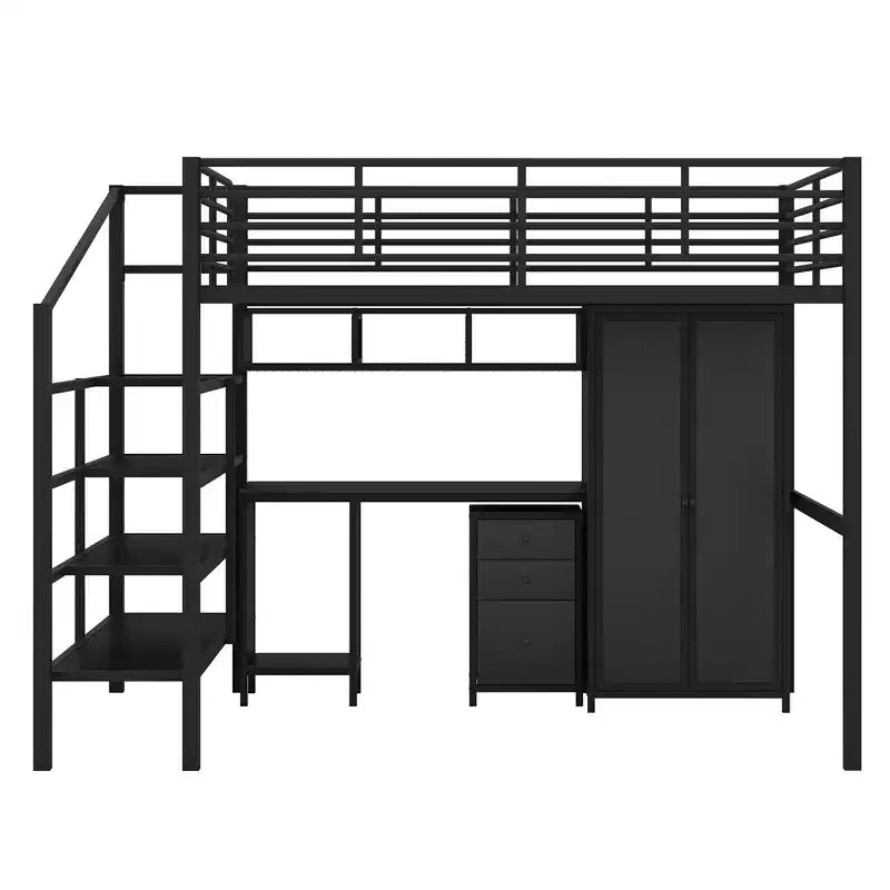 Lit mezzanine pleine grandeur avec bureau, lit mezzanine industriel en métal avec armoire et placard et escalier pour petit espace, noir