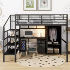 Lit mezzanine pleine grandeur avec bureau, lit mezzanine industriel en métal avec armoire et placard et escalier pour petit espace, noir
