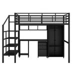 Lit mezzanine pleine grandeur avec bureau, lit mezzanine industriel en métal avec armoire et placard et escalier pour petit espace, noir