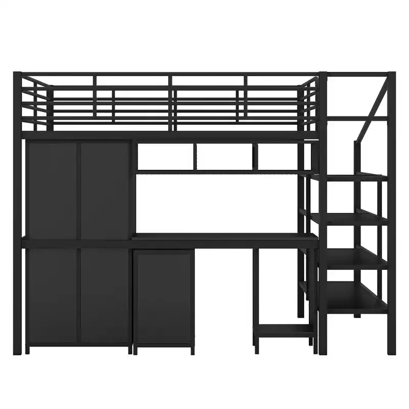 Lit mezzanine pleine grandeur avec bureau, lit mezzanine industriel en métal avec armoire et placard et escalier pour petit espace, noir