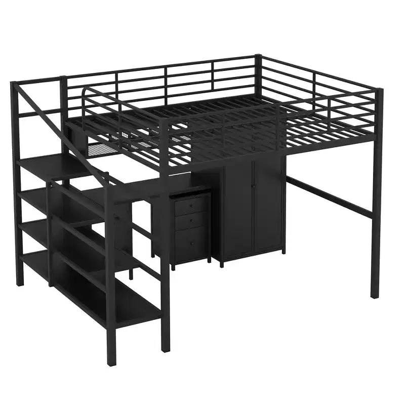 Lit mezzanine pleine grandeur avec bureau, lit mezzanine industriel en métal avec armoire et placard et escalier pour petit espace, noir