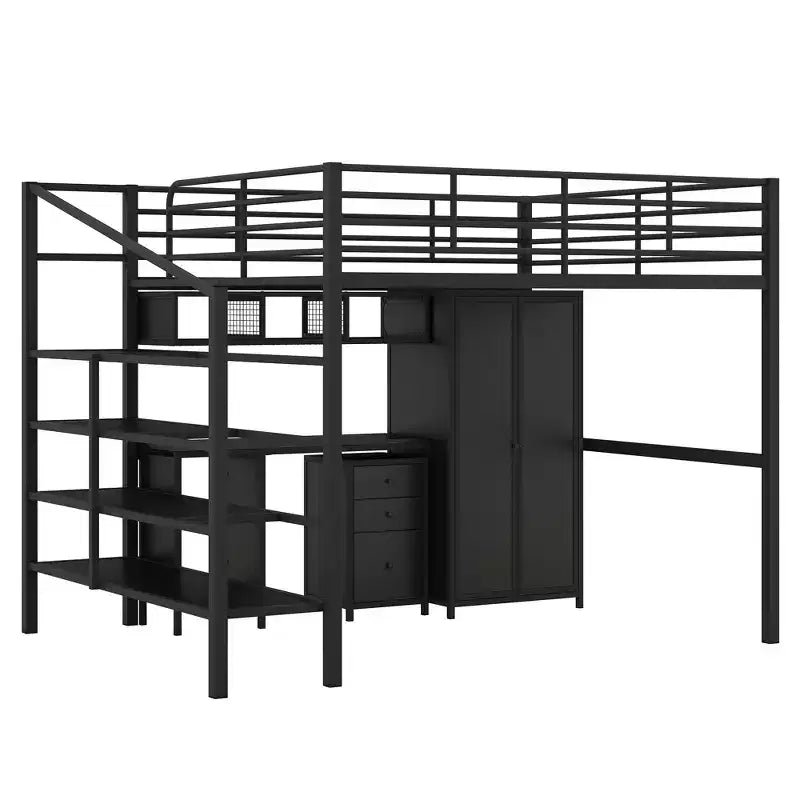 Lit mezzanine pleine grandeur avec bureau, lit mezzanine industriel en métal avec armoire et placard et escalier pour petit espace, noir