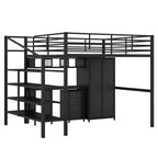 Lit mezzanine pleine grandeur avec bureau, lit mezzanine industriel en métal avec armoire et placard et escalier pour petit espace, noir