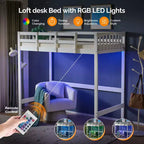 Lit mezzanine en bois massif taille double/complète avec station de charge USB/LED avec barreaux plats, support à lattes en bois, pas besoin de sommier tapissier