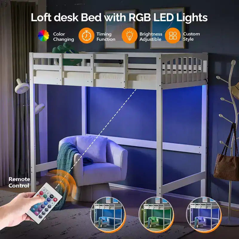 Lit mezzanine en bois massif taille double/complète avec station de charge USB/LED avec barreaux plats, support à lattes en bois, pas besoin de sommier tapissier