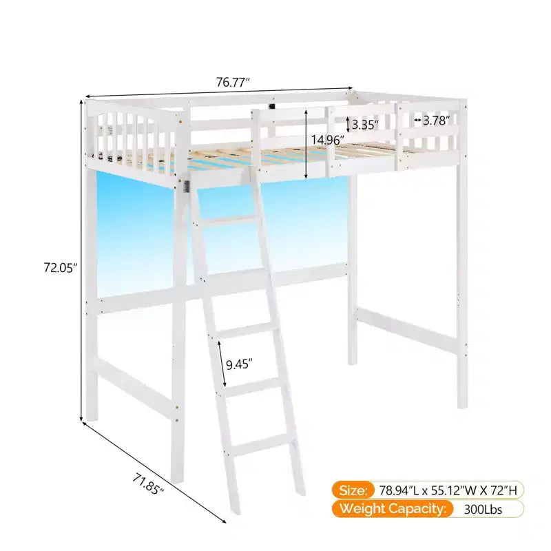 Lit mezzanine en bois massif taille double/complète avec station de charge USB/LED avec barreaux plats, support à lattes en bois, pas besoin de sommier tapissier