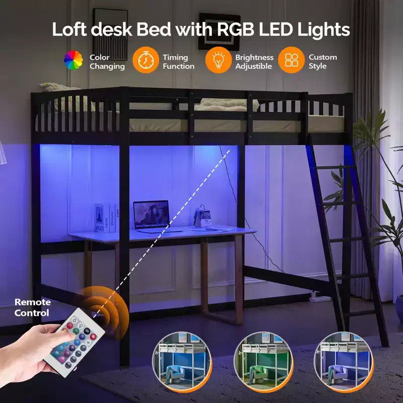 Lit mezzanine en bois massif taille double/complète avec station de charge USB/LED avec barreaux plats, support à lattes en bois, pas besoin de sommier tapissier