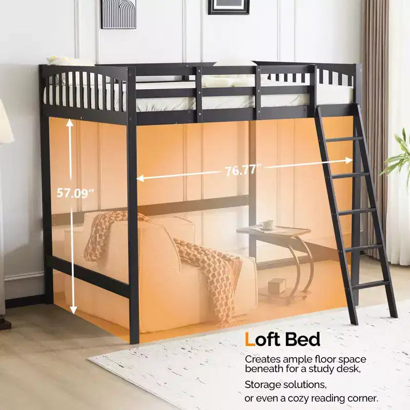 Lit mezzanine en bois massif taille double/complète avec station de charge USB/LED avec barreaux plats, support à lattes en bois, pas besoin de sommier tapissier