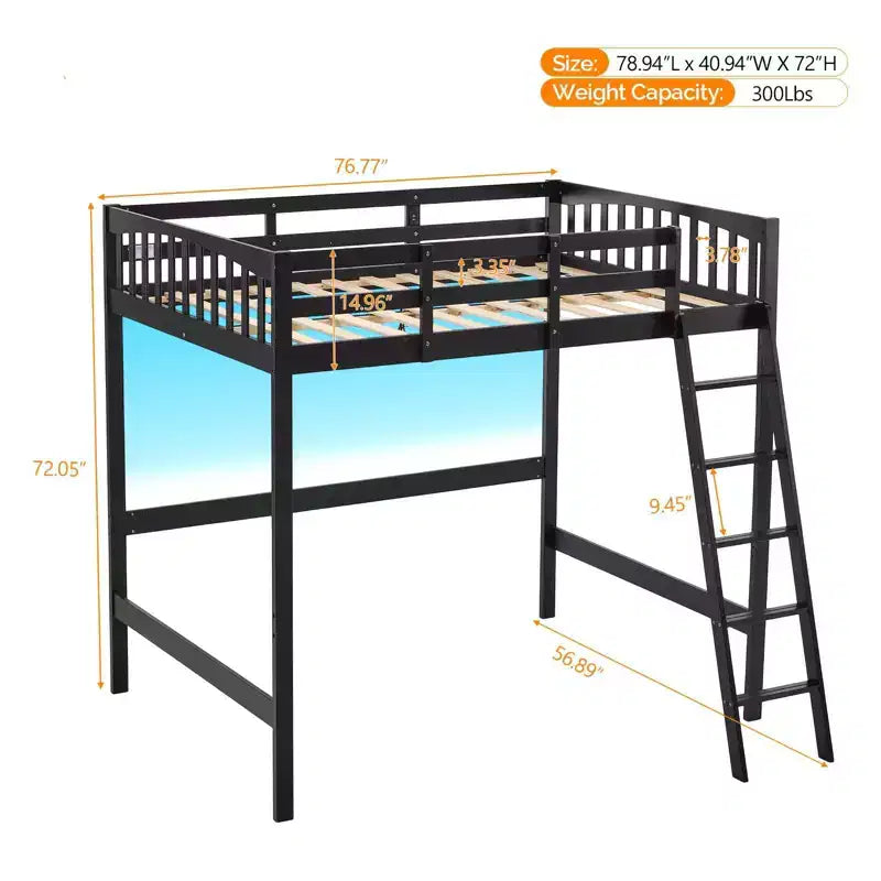 Lit mezzanine en bois massif taille double/complète avec station de charge USB/LED avec barreaux plats, support à lattes en bois, pas besoin de sommier tapissier