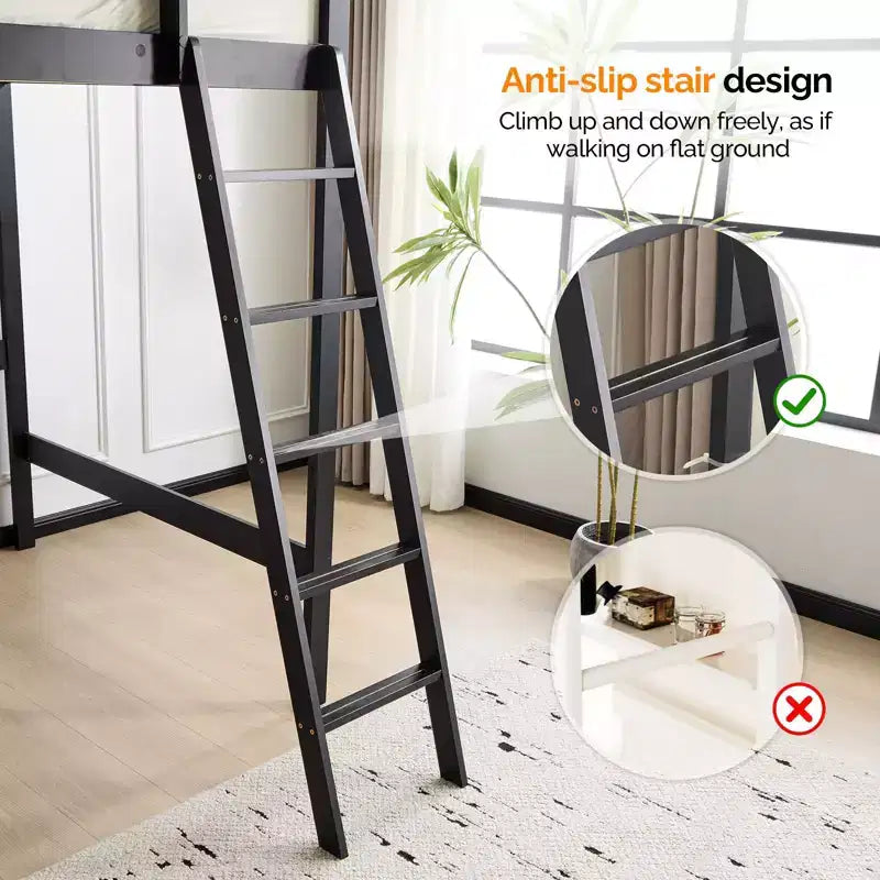 Lit mezzanine en bois massif taille double/complète avec station de charge USB/LED avec barreaux plats, support à lattes en bois, pas besoin de sommier tapissier